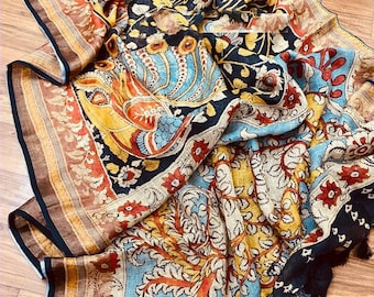 Kalamkari Organic Lab Tested 120 Count pure 'Linen by Linen' Saree, stitched readymade blouse,Timeless Sarees For Women by Zynah