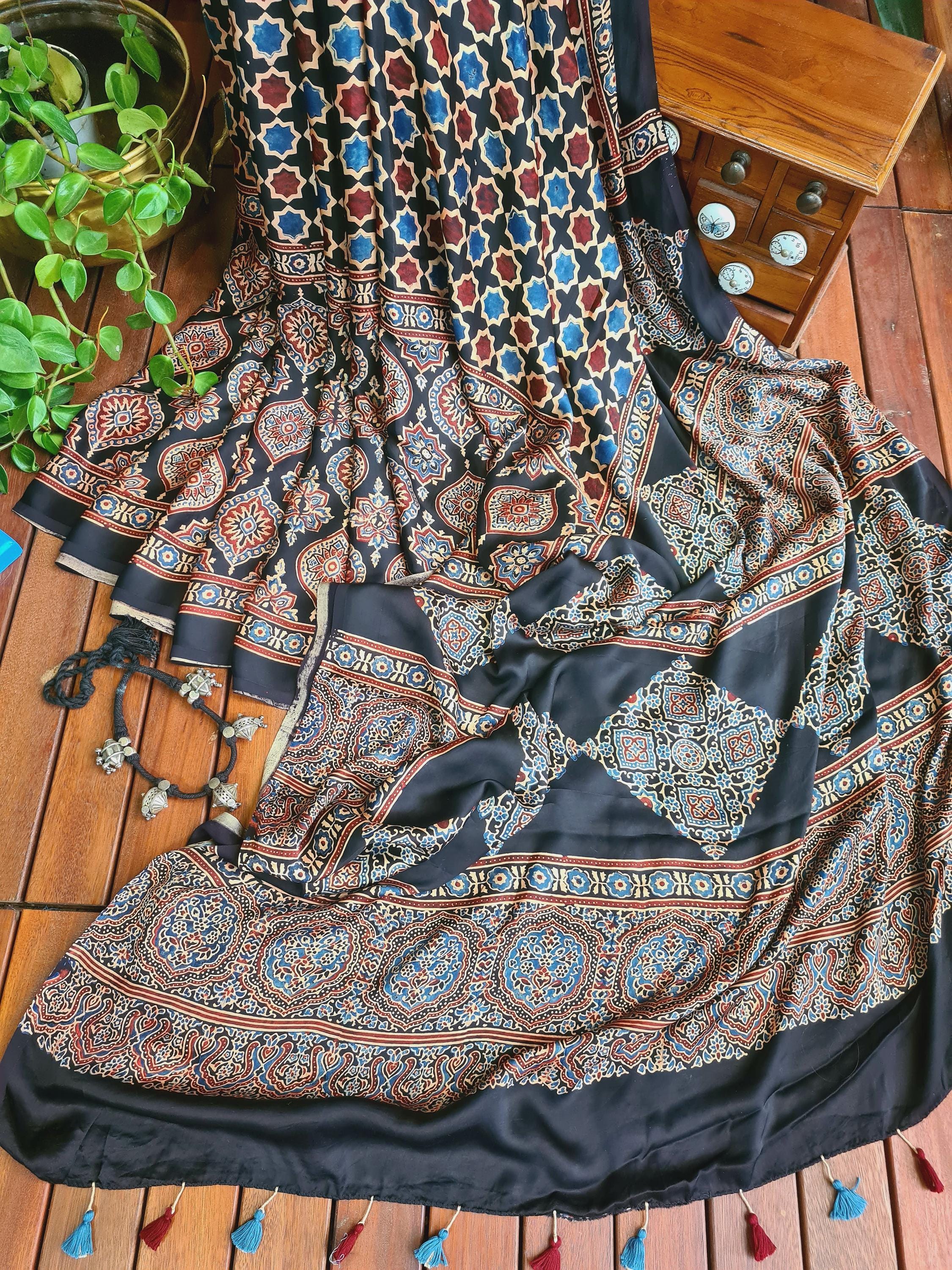 SAARI Bestseller Black Ajrakh Modal Silk Saree With Star Handblock