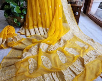 Yellow Handwoven Pure Khaddi Chiffon Banarasi Saree With Pure Silver Water Zari Woven Butas & Border, Custom Blouse; SKU:2901202501
