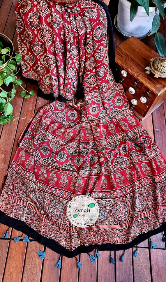 Pure Modal Silk Ajrakh Saree, Handblock Printed Custom Stitched/ready-made  Blouse, Fall, Petticoat Shipping Available USA, Worldwide -  Australia