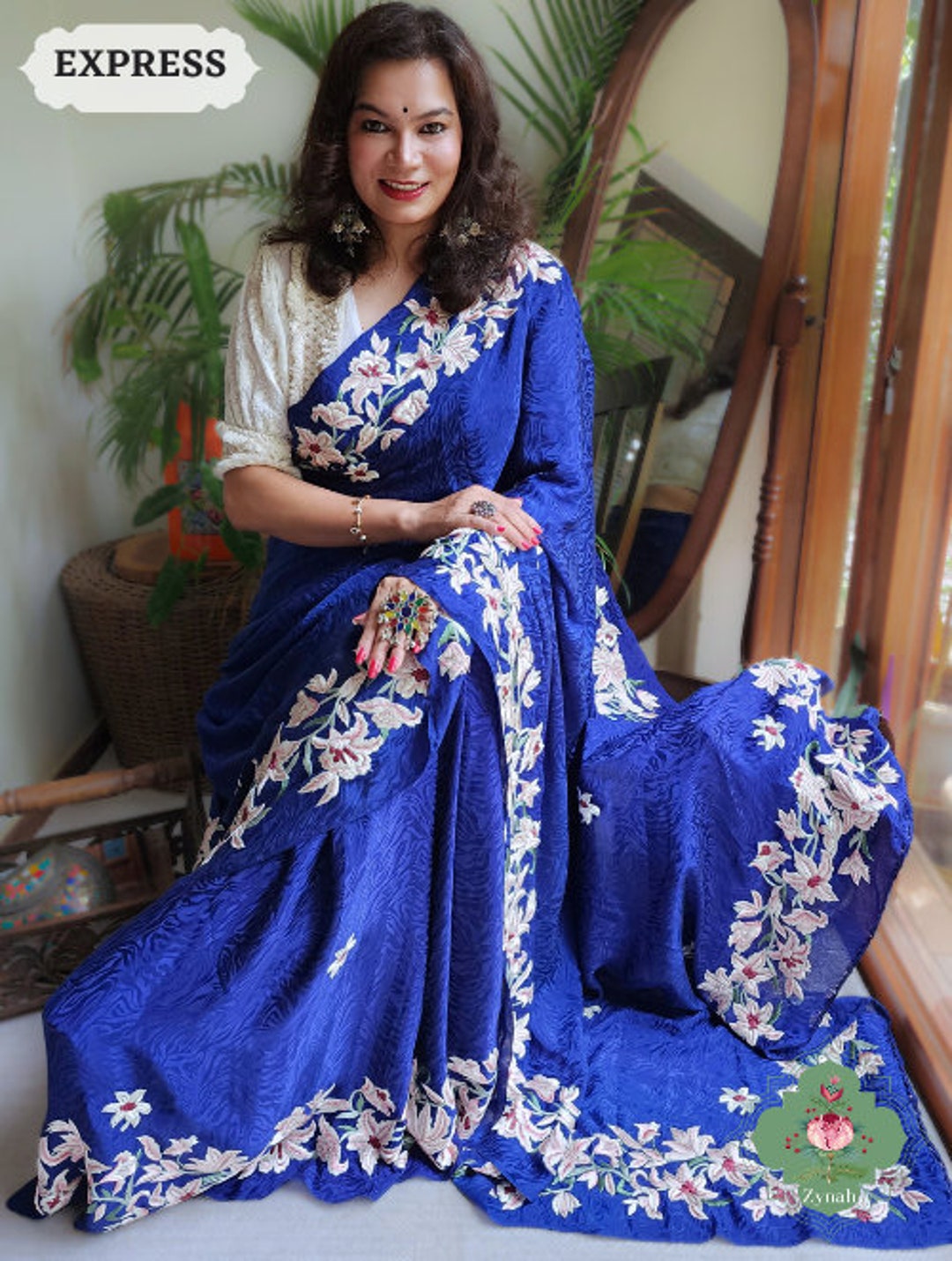Blue Pure Crepe Satin Silk Authentic Parsi Gara Saree With Designer Gara  Embroidery & Saree Blouse Timeless Sarees for Women by Zynah 