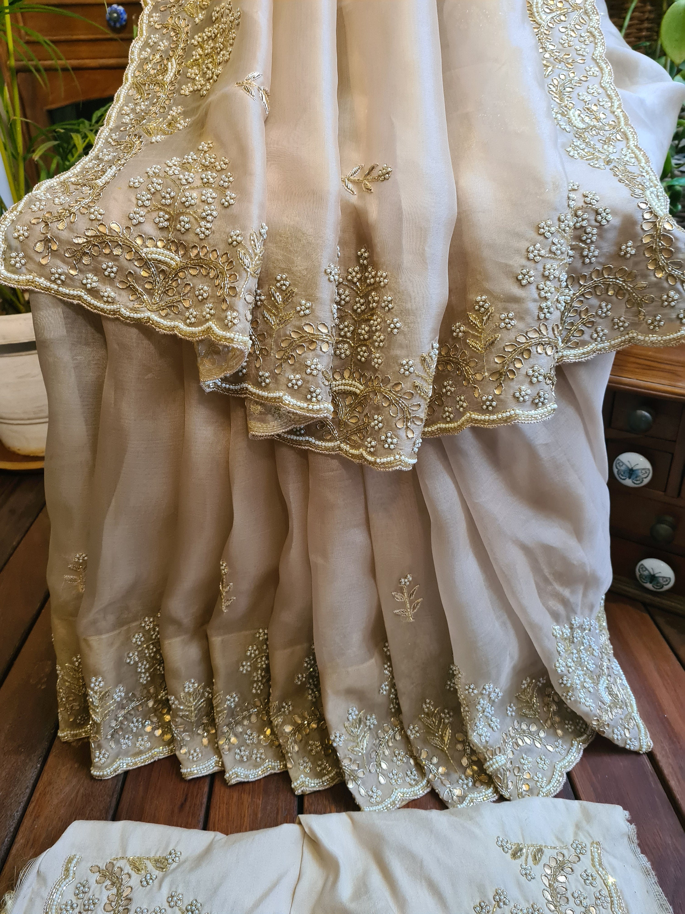 Zynah Organza Silk Saree With Cut Dana Pearl Beads And Gota Patti zynah-organza-silk-saree-with-cut-dana-pearl-beads-and-gota-patti