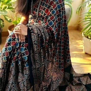 Bestseller Black Ajrakh Modal Silk Saree With Star Handblock, Crafted 100% Natural Dyes; Timeless Sarees For Women by Zynah; SKU: ZYS-196