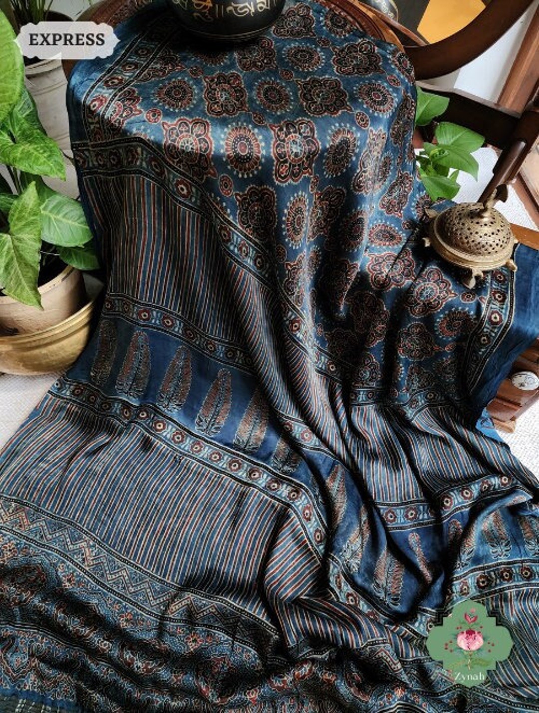 ajrakh modal silk sarees - mughal garden & indigo treasures