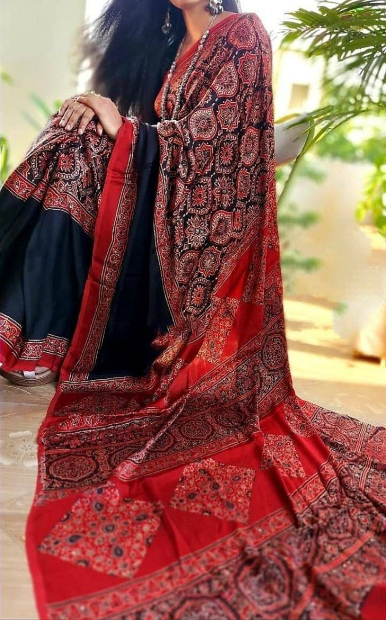 Pure Modal Silk Ajrakh Saree, Handblock Printed, - Etsy