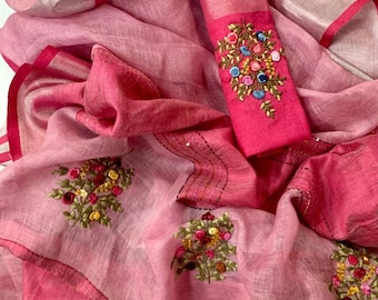 Zynah Pure Linen Saree with Hand Embroidery and French Knot work; custom stitched blouse,fall,petticoat,available in USA