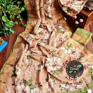 Organic Pure Linen Floral Print saree; Custom Stitched/Ready-made Blouse,  Timeless Sarees For Women by Zynah