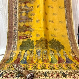 Zynah Yellow Organic Linen Saree With Pichwai Print & Zari Border; Custom Stitched/Ready-made Blouse, Fall, Petticoat; SKU:2410202303