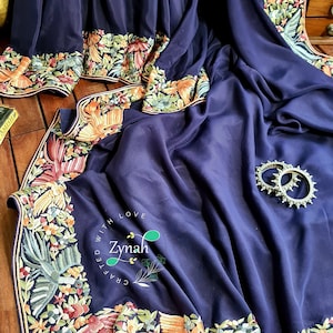 Zynah Made to Order Crepe Silk Authentic Parsi Gara Handcrafted Saree; Custom Stitched Blouse, Fall, Petticoat; Ships to USA, Worldwide