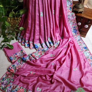 Zynah Pink Pure Tussar Silk Hand Embroidered (Shaded) Authentic Parsi Gara Saree; Custom Stitched/Ready-made Blouse