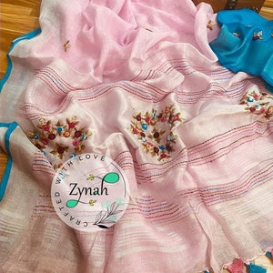 Pure Linen Saree with Hand Embroidery and French Knot work; custom stitched blouse,Timeless Sarees For Women by Zynah
