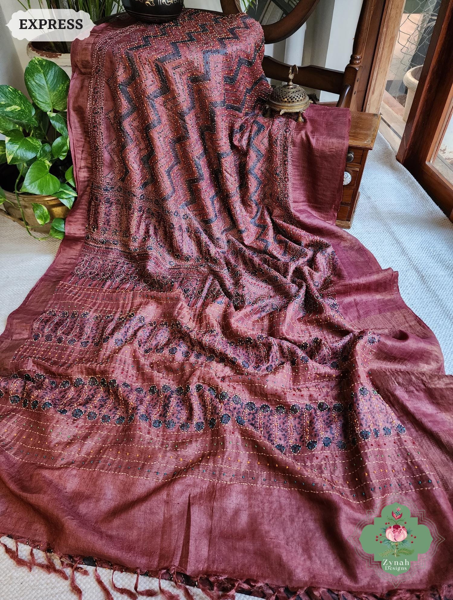 Madder Red Pure Tussar Silk Ajrakh Saree With Hand Embroidery