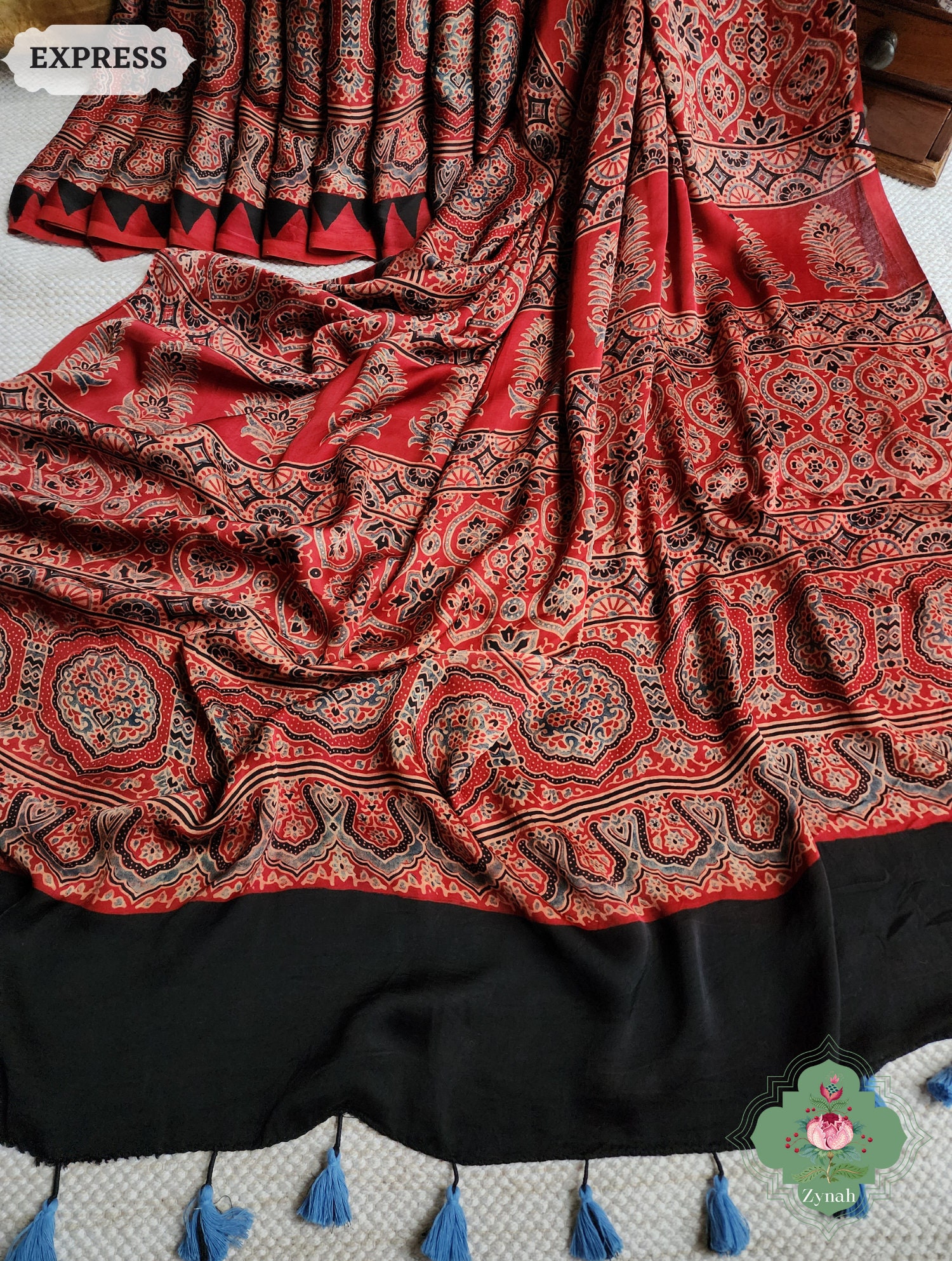 Modal Silk Jacquard Ajrakh Block Printed Dress Material - Royal Crimson Red main image 1