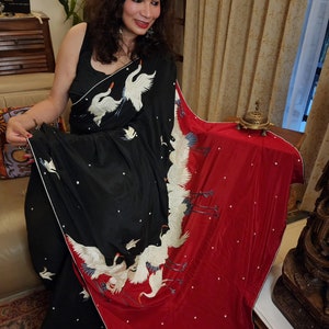 Black & Cherry Red2 Pure Crepe Silk Authentic Parsi Gara Saree With Hand Embroidery And Saree Blouse | Timeless Sarees For Women By Zynah