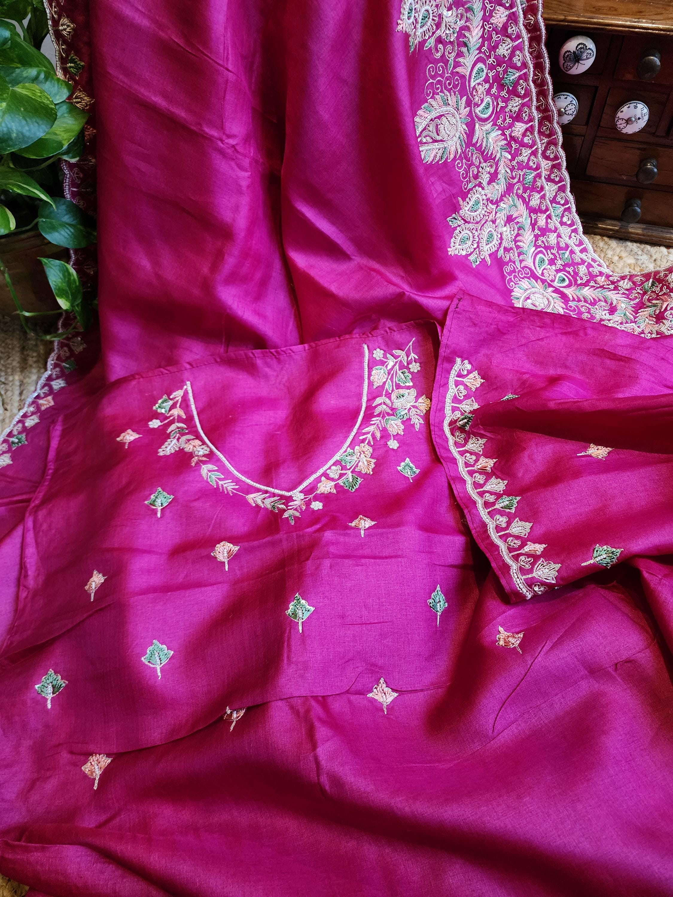 Zynah Pink Pure Tussar Silk Saree With Zardosi, Pearls & Sequins Hand ...