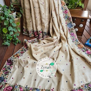 Zynah Made to order Pure Tussar Silk Parsi Gara Handcrafted Saree; Custom Stitched/Ready-made Blouse, Fall, Petticoat; Ships USA, Worldwide
