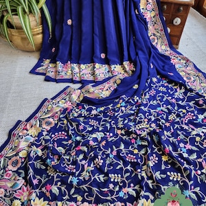 Zynah Navy Blue Pure Crepe Silk Hand Embroidered Parsi Gara Saree, Authentic Vintage Art, Heirloom Piece; Custom Stitched/Ready-made Blouse