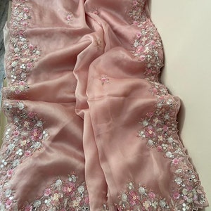 Zynah Peach Pure Organza Silk Saree With Sequins, Zardosi, Cutdana, Pearls Handwork; Custom Stitched/Ready-made Blouse, Fall, Petticoat