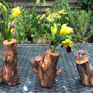 May include: Three rustic wooden log vases with different shapes and sizes, each holding a bouquet of flowers. The vases are brown and have a natural wood grain. The flowers are yellow and purple.