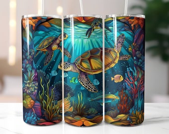 Sea Turtle Skinny Tumbler with Lid and Straw, Straight 20oz Skinny Tumbler, Ocean Turtle Travel Cup, Turtles Gifts for Her, Sea Turtle Lover