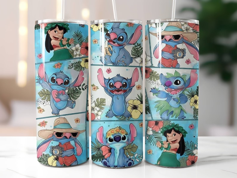 May include: Three stainless steel tumblers with a blue and white design featuring Stitch from Lilo & Stitch. The tumblers have a variety of images of Stitch, including Stitch wearing a lei, Stitch holding a heart, and Stitch wearing sunglasses.