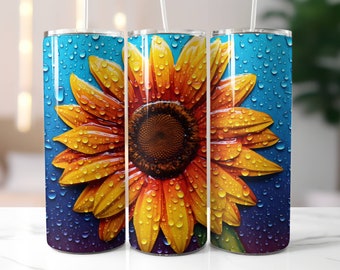 Sunflower Dew Drops Skinny Tumbler with Lid and Straw, Straight 20oz Skinny Tumbler, Sunflower Travel Cup, Gifts for Her, Sunflower Lover