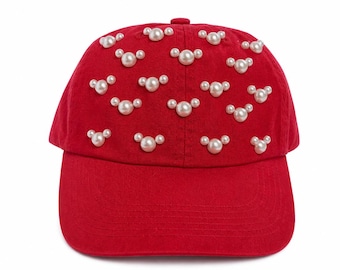 Red Pearl Mickey Head Hat, Minnie Style Beaded Baseball Cap, Disney Inspired Red Pearl Hat with Mickey Silhouette, Theme Park Fashion Cap