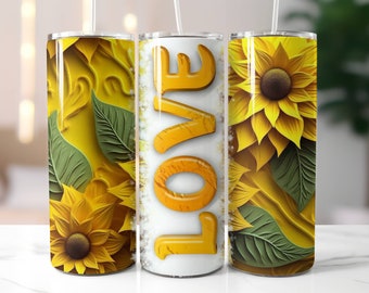 Sunflower Love Skinny Tumbler with Lid and Straw, Straight 20oz Skinny Tumbler, Sunflower Travel Cup, Gifts for Her, Sunflower Lover