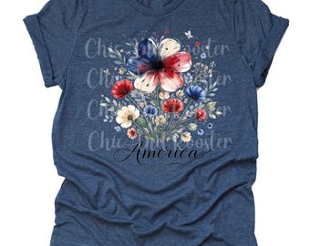 America Floral 4th of July Shirt, Patriotic Flowers USA Tee, Red White Blue America Graphic T-Shirt, Independence Day Fireworks Unisex Tee
