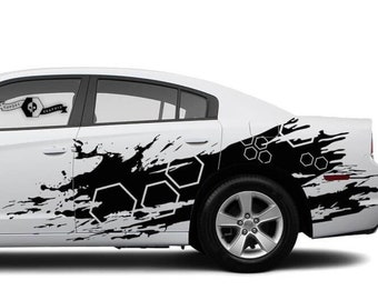 2x lado Grunge Honeycomb Vinyl Stripes calcomanía del cuerpo Door Side Decals Vinyl Graphics aptos para Challenger o Charger
