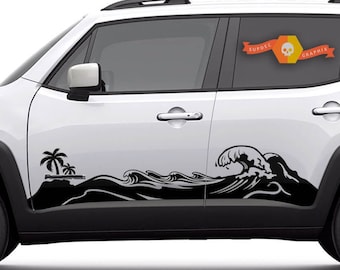 May include: A white Jeep Renegade with a black and white decal of ocean waves and palm trees on the side. The decal is on the driver's side of the vehicle.