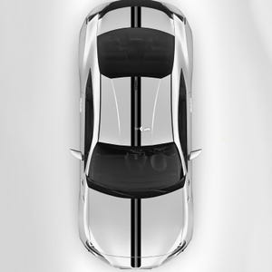 May include: A white car with two black racing stripes down the bonnet and roof.