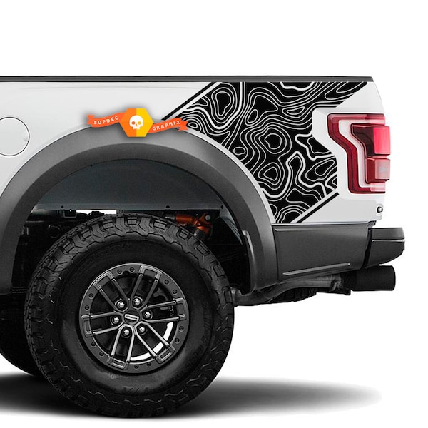 Pair Topographic Map Graphics Stickers Bed Side Decals for Raptor F150 18-20