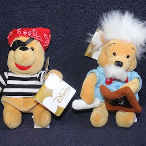 May include: Two plush Winnie the Pooh bears, one dressed as a pirate with a black eye patch and striped shirt, the other with a white beard and blue shirt, holding a book. The Disney Store logo is visible on a tag.