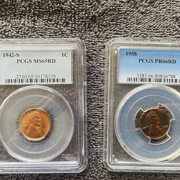 Choice 1942 S Lincoln Wheat Cent Penny PCGS MS65RD OR 1958 Lincoln Cent 1C PCGS MS66RD Box #8-2