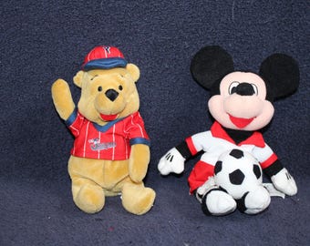 Choice: Disney Store Baseball Winnie the Pooh Bear Bean Bag Plush OR Disney Store Soccer Mickey Mouse Bean Bag Plush D3