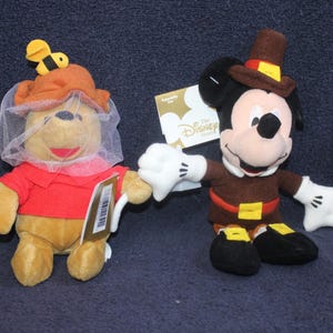 May include: A plush Winnie the Pooh dressed as a bee and a plush Mickey Mouse dressed as a pilgrim. The Disney Store logo is visible in the background.