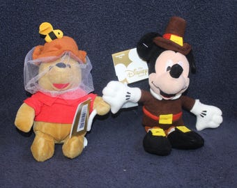 Choice: Disney Store MBBP Bee Keeper Pooh Bean Bag Plush OR Disney Store Thanksgiving Pilgrim Mickey Mouse Plush Stuffed Bean Bag Toy D1