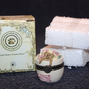 May include: A white ceramic treasure box with a brown teddy bear inside. The box is decorated with pink hearts that say "Be Mine", "Kiss", and "Love". The box is part of The Boyds Collection Ltd. and says "Uncle Bean's Treasure Boxes" on the box.