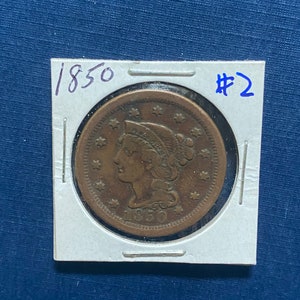 1850 Liberty One Cent Coin Large Braided Hair #2 Box 10 Bg3