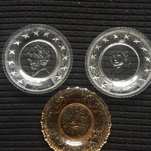 Set of 3 EAPG Sandwich Glass Cup Plate Martha &Thomas Jefferson, Heart w/Arrow