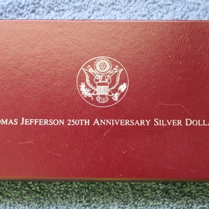 1993 Thomas Jefferson 250th Anniversary BU 90% Silver Dollar Coin Box 11