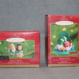 Choice: Hallmark Peanuts Collection Pageant Keepsake Ornament 2001 OR 2001 Hallmark Ornament VeggieTales Waiting for Santa Bob & Larry  H-17