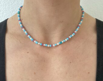 Beachy summer turquoise blue pink gold white sparkle iridescent beaded necklace gold evil eye