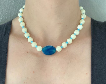 Cream Quartzite white round bead necklace with oval blue fire agate and turquoise seed beads