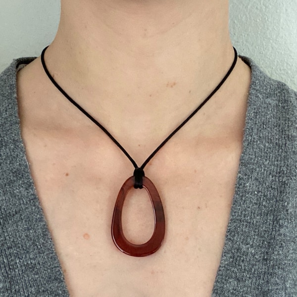 Brown tortoise shell resin oval irregular teardrop pendant Adjustable black cord necklace