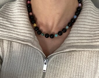 Handmade Black Jasper Round Bead and Rainbow Quartzite Beaded Necklace Rainbow Stones Gold Evil Eye Clasp