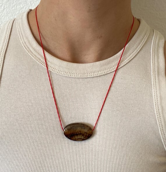 Agate Slice Pendant Necklace: Adjustable Red Cord, Earth Tone