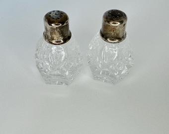 May include: Two clear glass salt and pepper shakers with silver-colored metal tops. The glass shakers have a faceted, diamond-like pattern. The tops have small holes for dispensing the contents.