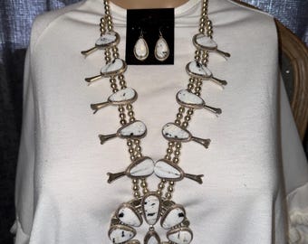 White Buffalo Squash Blossom Necklace & Earrings Set — 26”